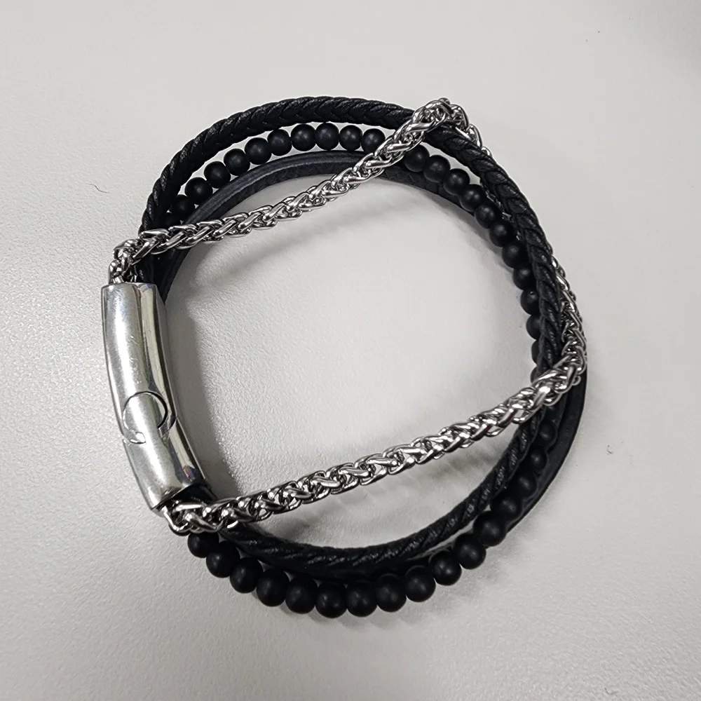 Multi-Strand Stainless Steel & Black Braided Beaded Faux Leather Bracelet Unisex